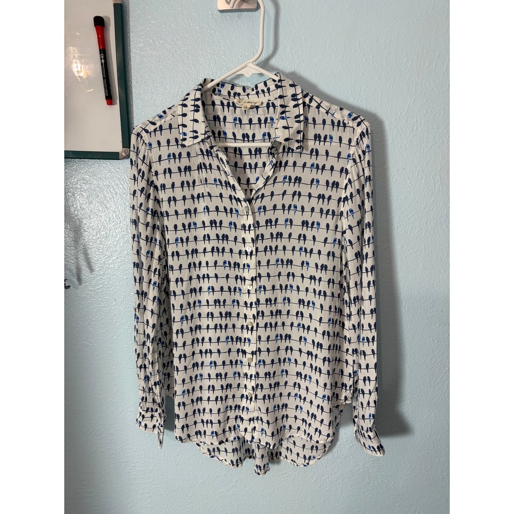 Jane and Delancey Bird on a Wire Blouse S Button Down Whimsical Artsy Novelty